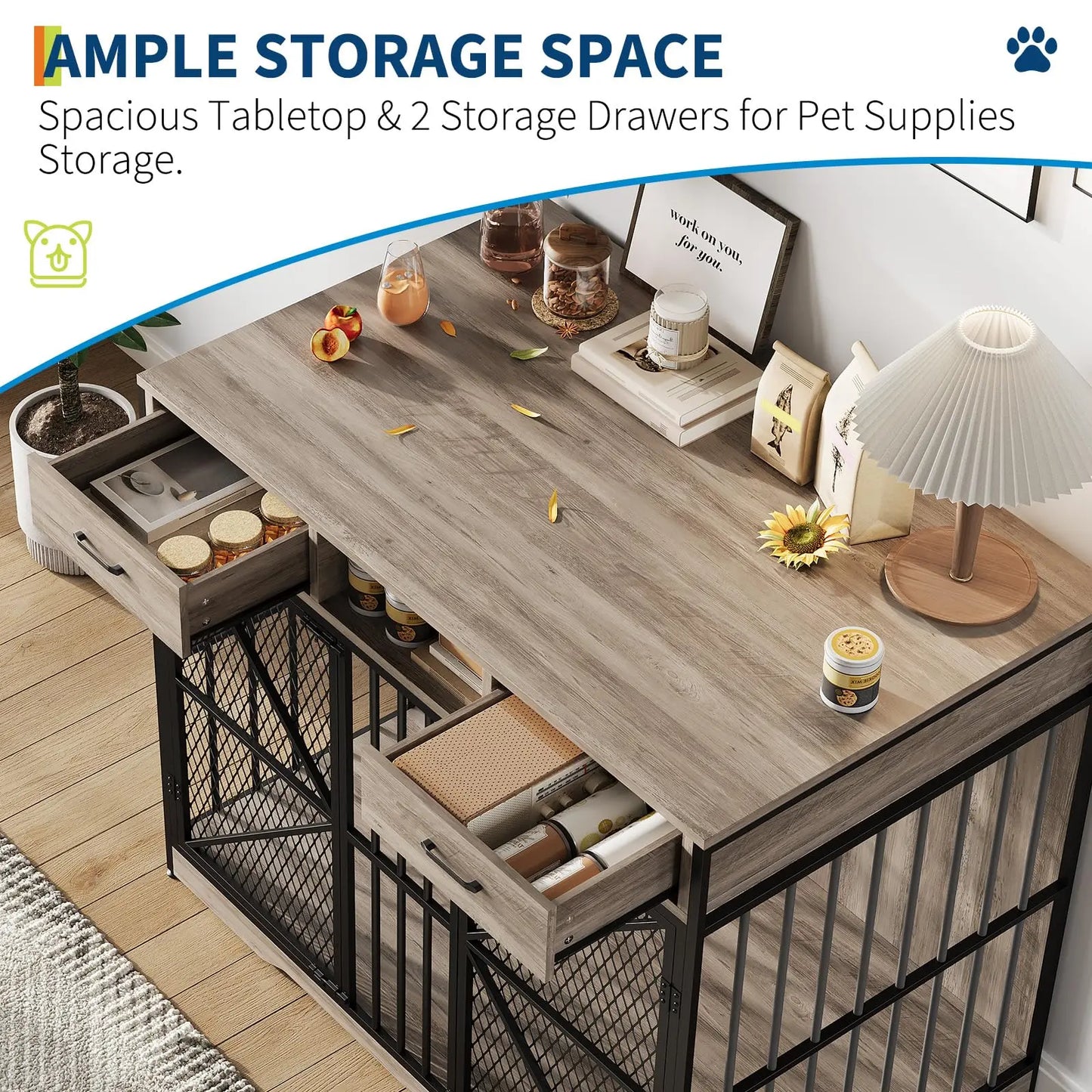 44" Heavy Duty Dog Kennel End Table with Storage Drawers & 2 Lockable Doors, Indoor