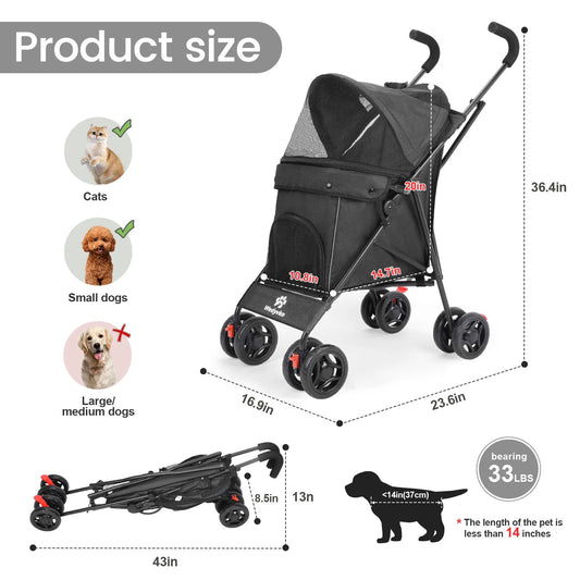 Stroller 4 Wheels Rotate with Brakes Storage for Dogs Cats various colors