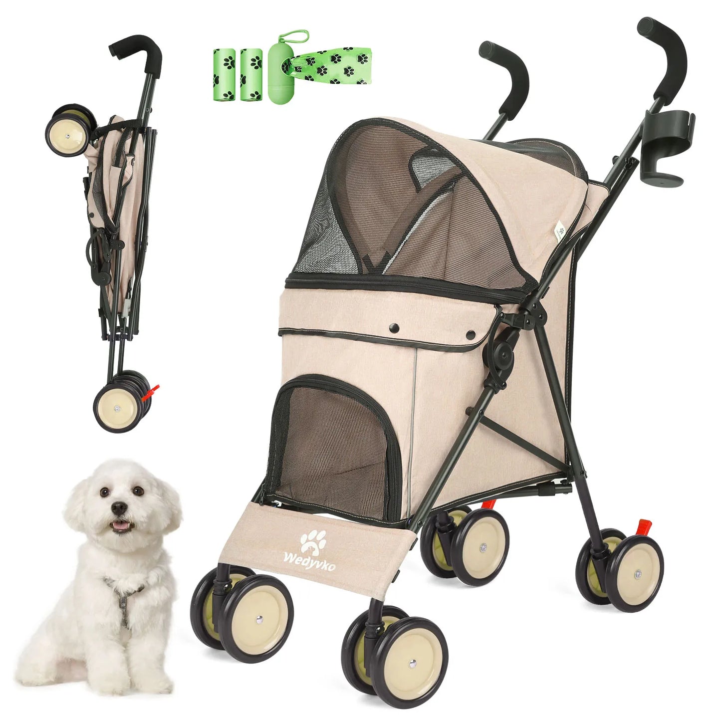 Pet Stroller 4 Wheels Rotate with Brakes Storage for Dogs Cats various colors