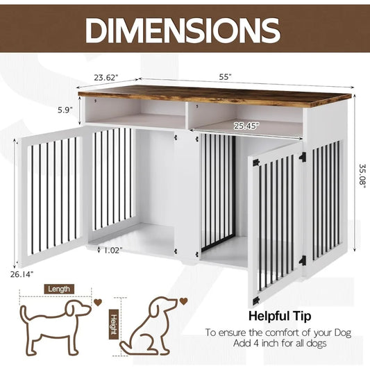 55'' Crate Furniture for 2 Dogs, Wooden with Storage Compartment, Indoor