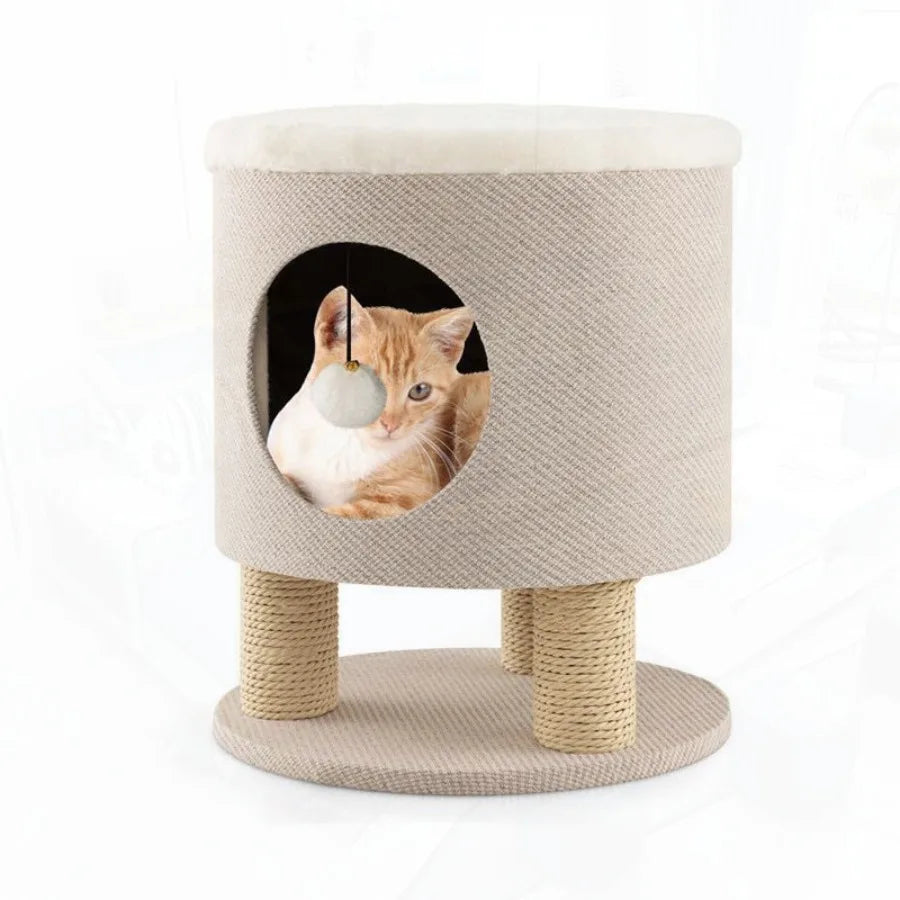 Cat Stool Bed with Scratching Posts and Plush Ball Toy