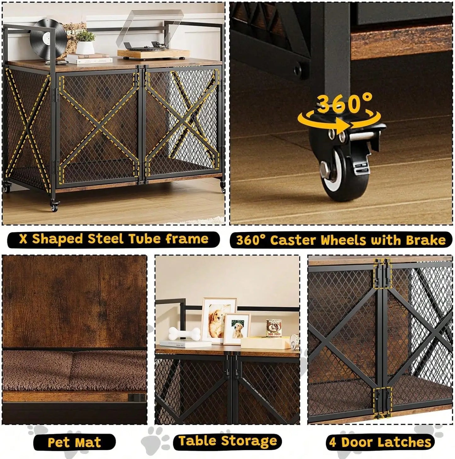 Indoor Furniture Style Elevated Pet Dog Cage Kennel End Table Lattice with Lockable Wheels