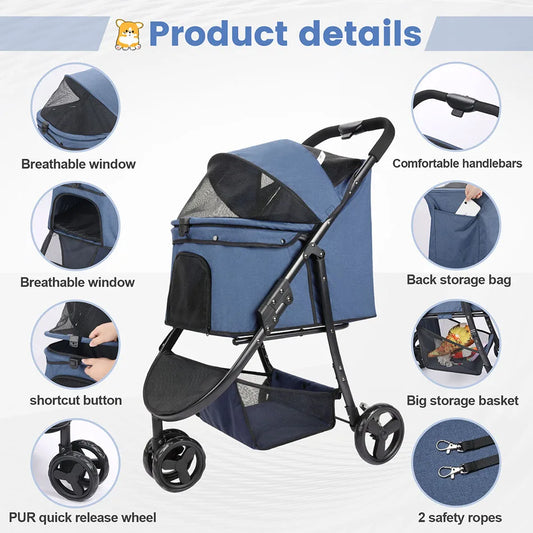 Pet Stroller Bag Travel Car Foldable 300lbs Dogs Cat ,3 Wheels