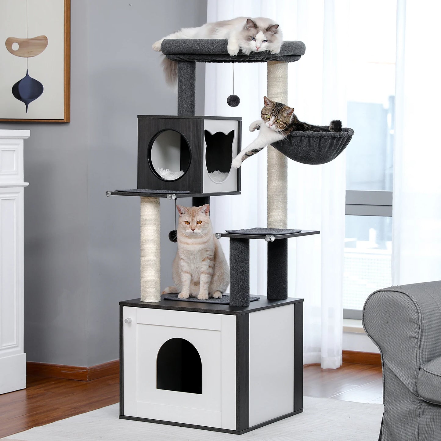 Multi-Level Cat Tree for Indoor Wood Tower with Scratching Posts
