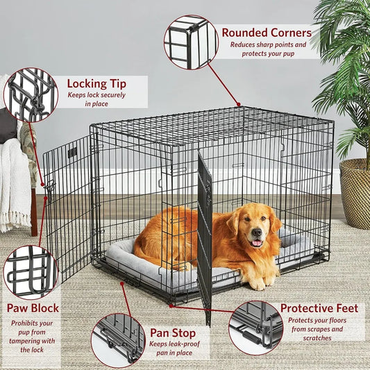 42-Inch Large Folding Dog Crate - Double Door Leak-Proof Pan + Divider