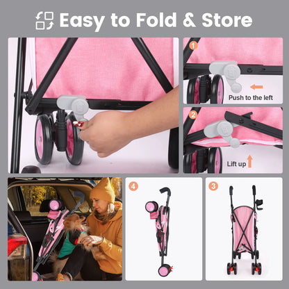 Pet Stroller 4 Wheels Rotate with Brakes Storage for Dogs Cats various colors