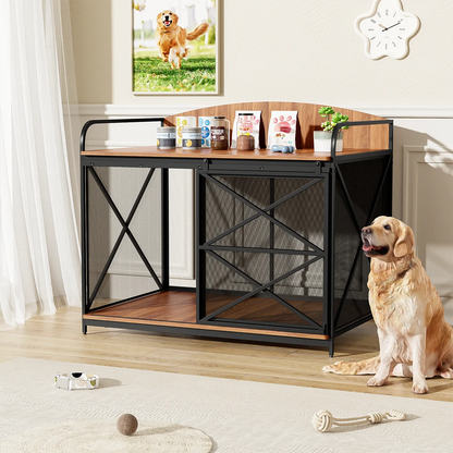 Crate Furniture Wooden  w/ Metal Sliding Door Indoor Chew-Resistant Pet Kennel Side End Table For Medium/Large Dogs