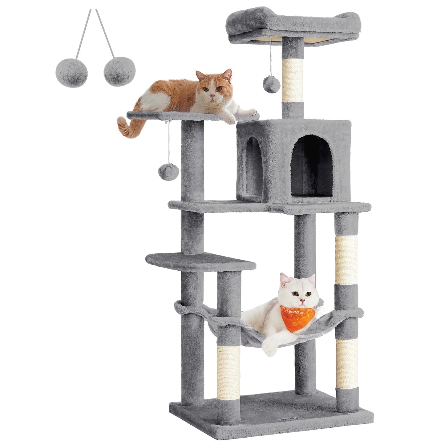 Cat Tree, 56.3-Inch Cat Tower for Indoor Cats, Multi-Level Cat Condo with 4 Scratching Posts, 2 Perches, Hammock, Cave