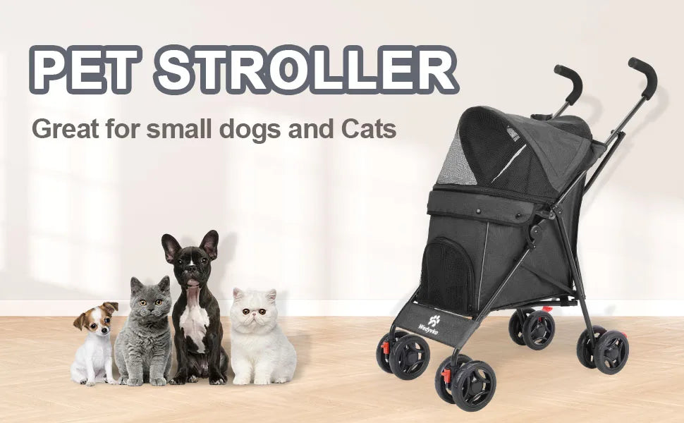 Pet Stroller 4 Wheels Rotate with Brakes Storage for Dogs Cats various colors