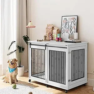 47" Wooden Dog Kennel with Sliding Barn Door, Flip-Top Lid & Wheels, Indoor