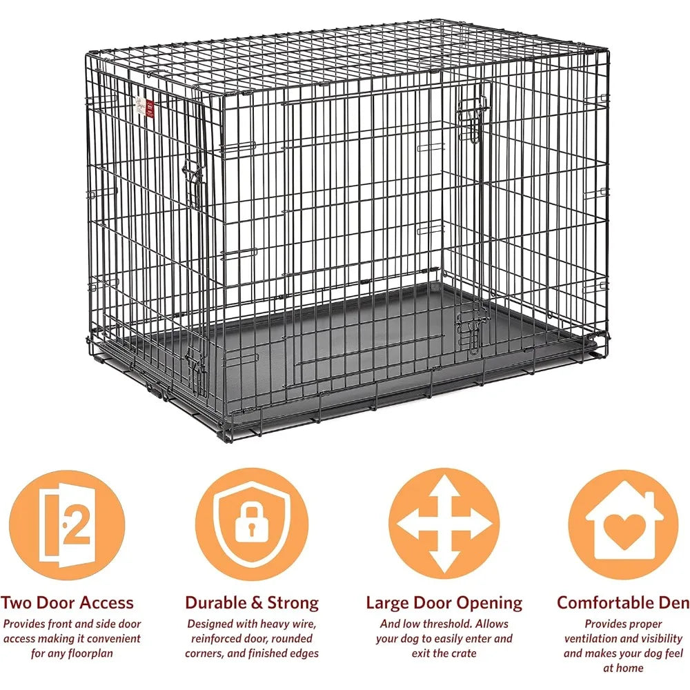 42-Inch Large Folding Dog Crate - Double Door Leak-Proof Pan + Divider