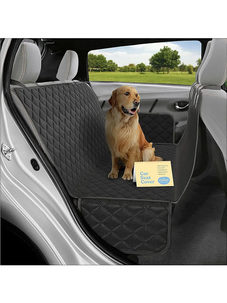 A black pet car mat with gray edging, 100% waterproof and stain resistant