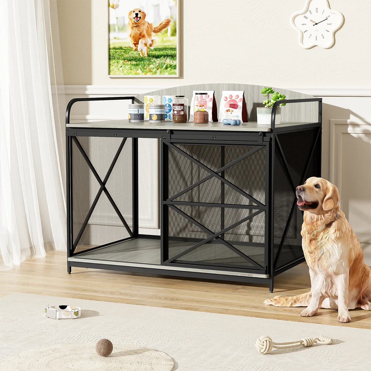 Crate Furniture Wooden  w/ Metal Sliding Door Indoor Chew-Resistant Pet Kennel Side End Table For Medium/Large Dogs