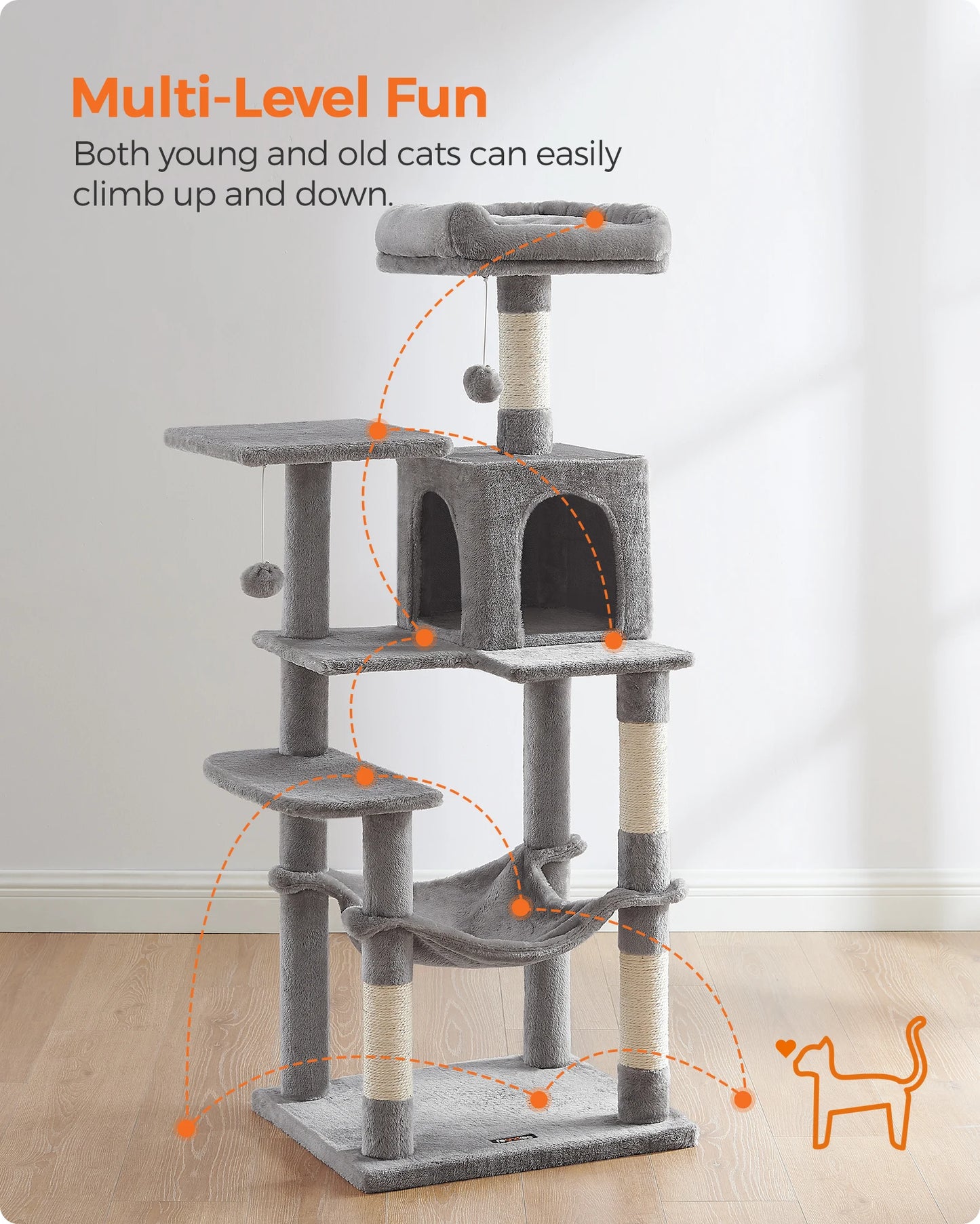 Cat Tree, 56.3-Inch Cat Tower for Indoor Cats, Multi-Level Cat Condo with 4 Scratching Posts, 2 Perches, Hammock, Cave