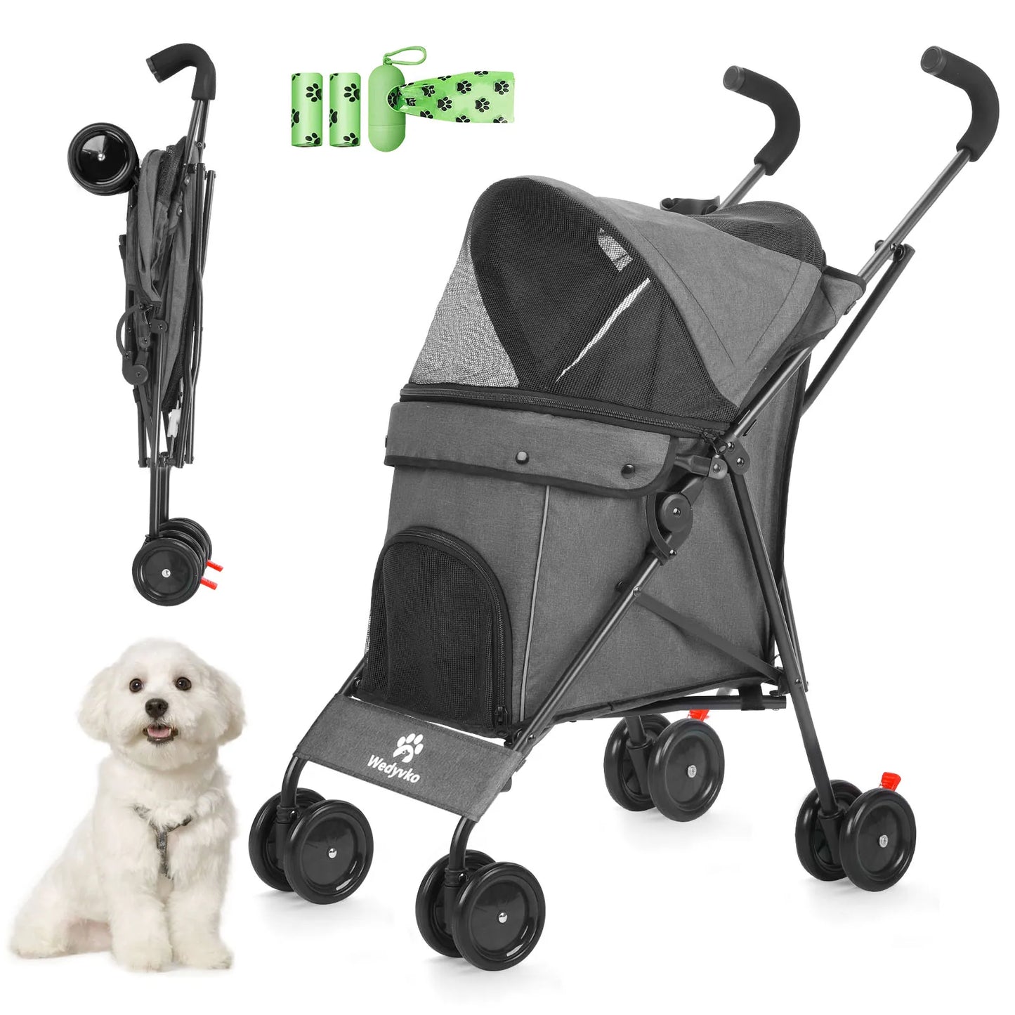 Pet Stroller 4 Wheels Rotate with Brakes Storage for Dogs Cats various colors
