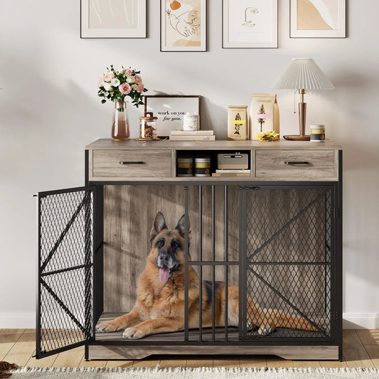 44" Heavy Duty Dog Kennel End Table with Storage Drawers & 2 Lockable Doors, Indoor