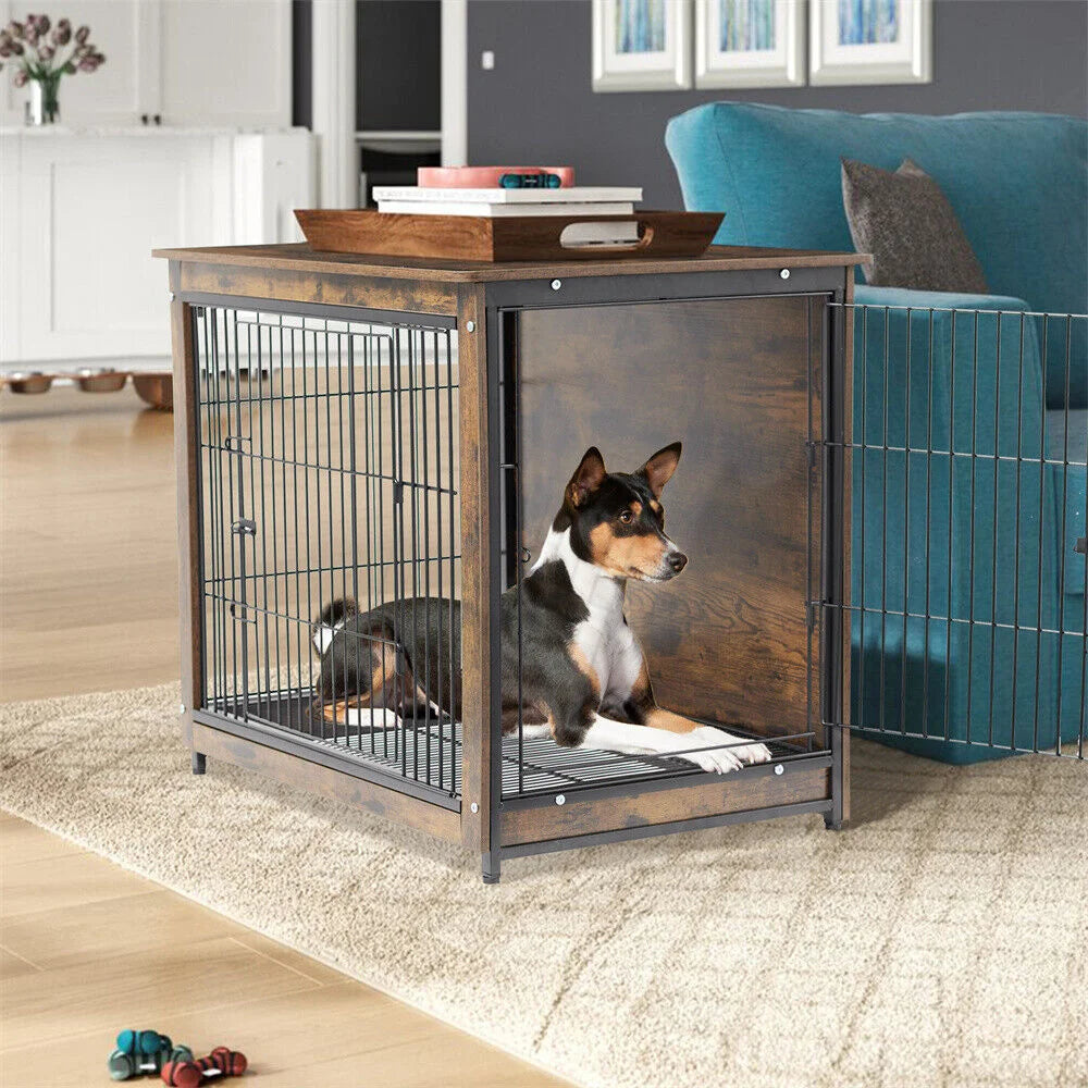 Large Elevated Dog Crate Wooden End Table with Double Door and Removable Tray Indoor