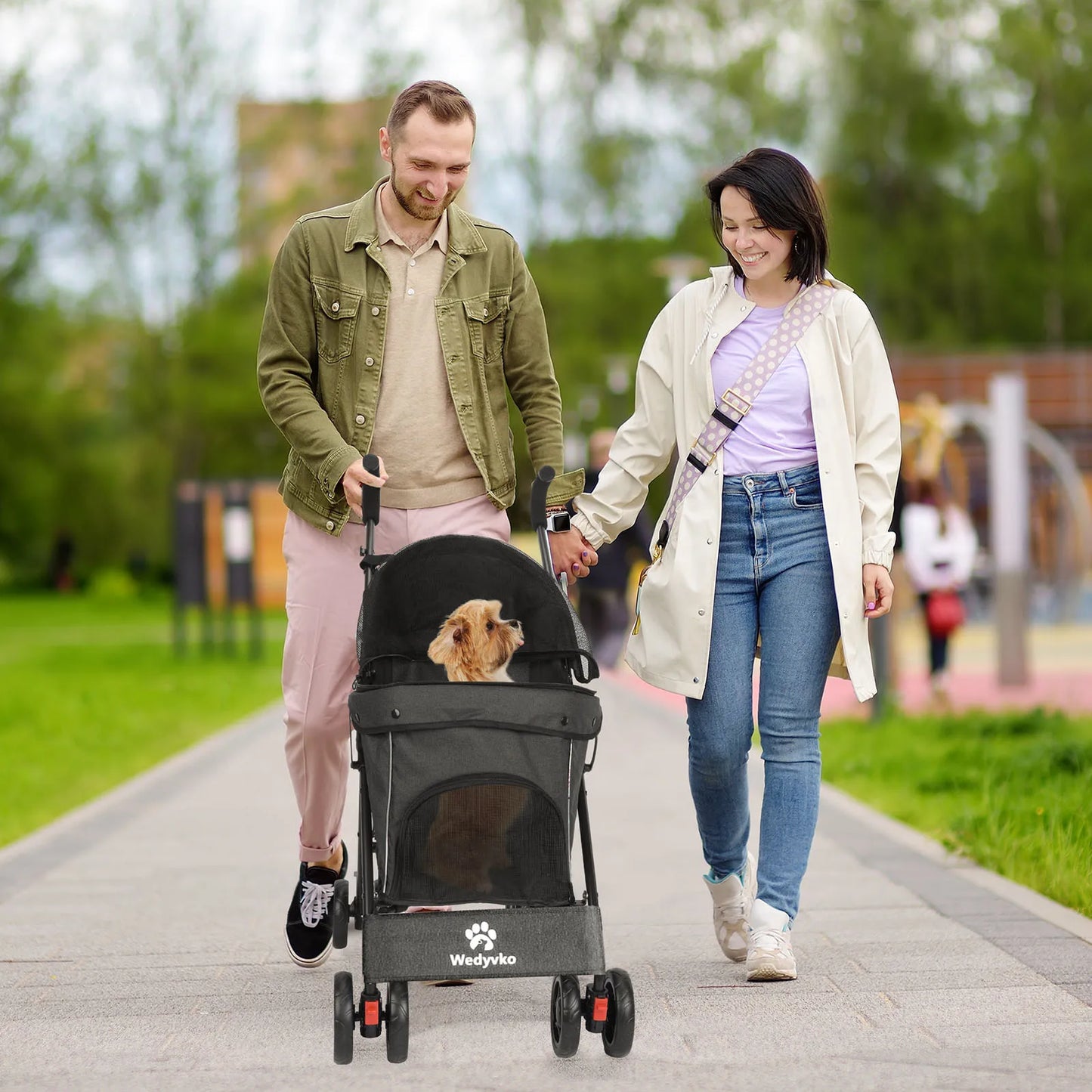 Pet Stroller 4 Wheels Rotate with Brakes Storage for Dogs Cats various colors