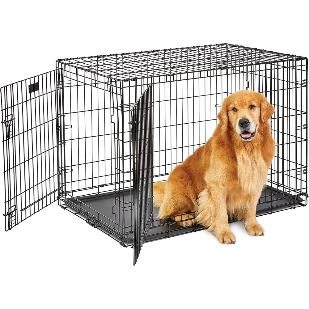 42-Inch Large Folding Dog Crate - Double Door Leak-Proof Pan + Divider
