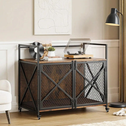 Indoor Furniture Style Elevated Pet Dog Cage Kennel End Table Lattice with Lockable Wheels