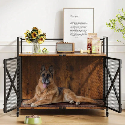 Indoor Furniture Style Elevated Pet Dog Cage Kennel End Table Lattice with Lockable Wheels