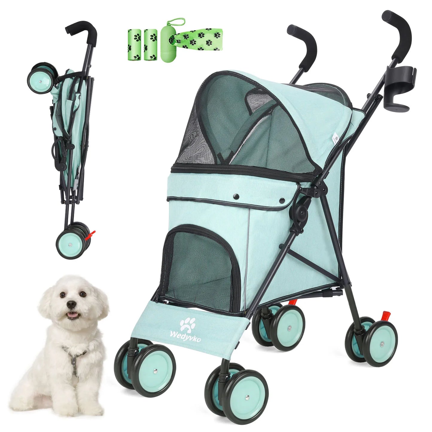 Pet Stroller 4 Wheels Rotate with Brakes Storage for Dogs Cats various colors