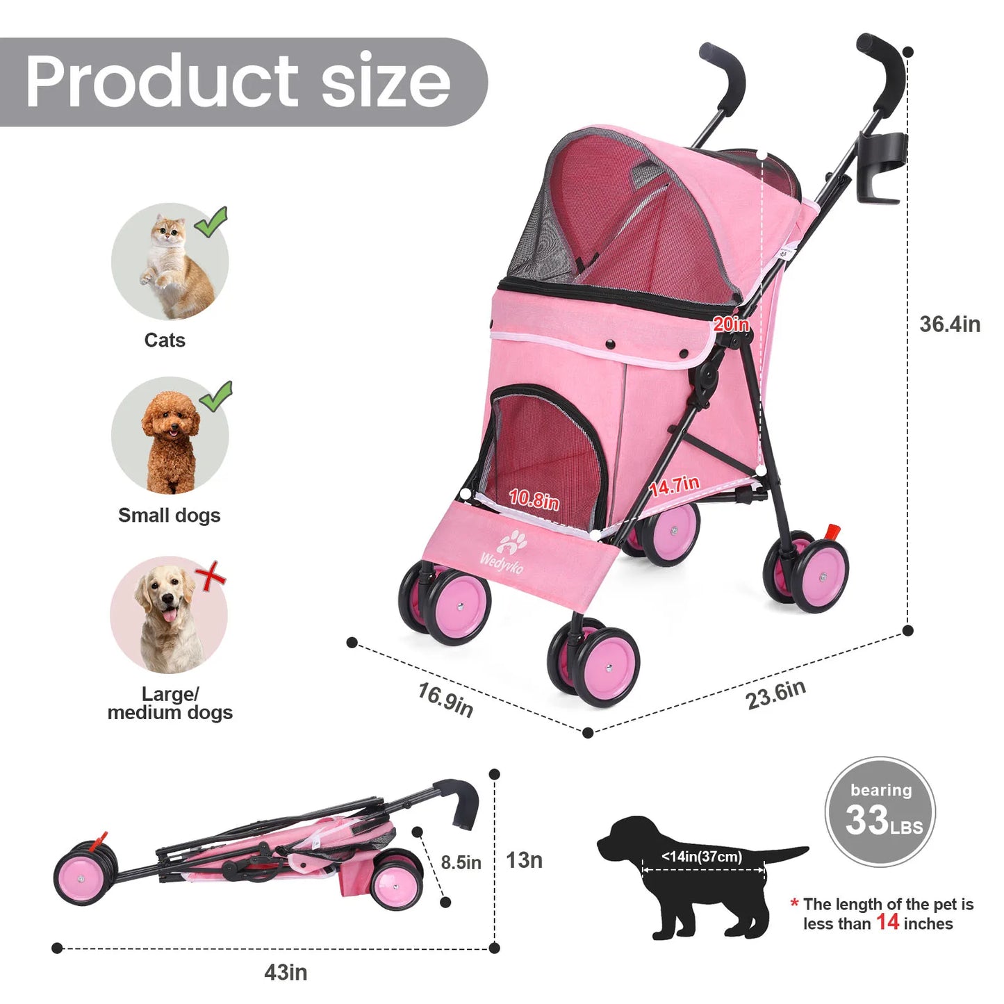 Pet Stroller 4 Wheels Rotate with Brakes Storage for Dogs Cats various colors