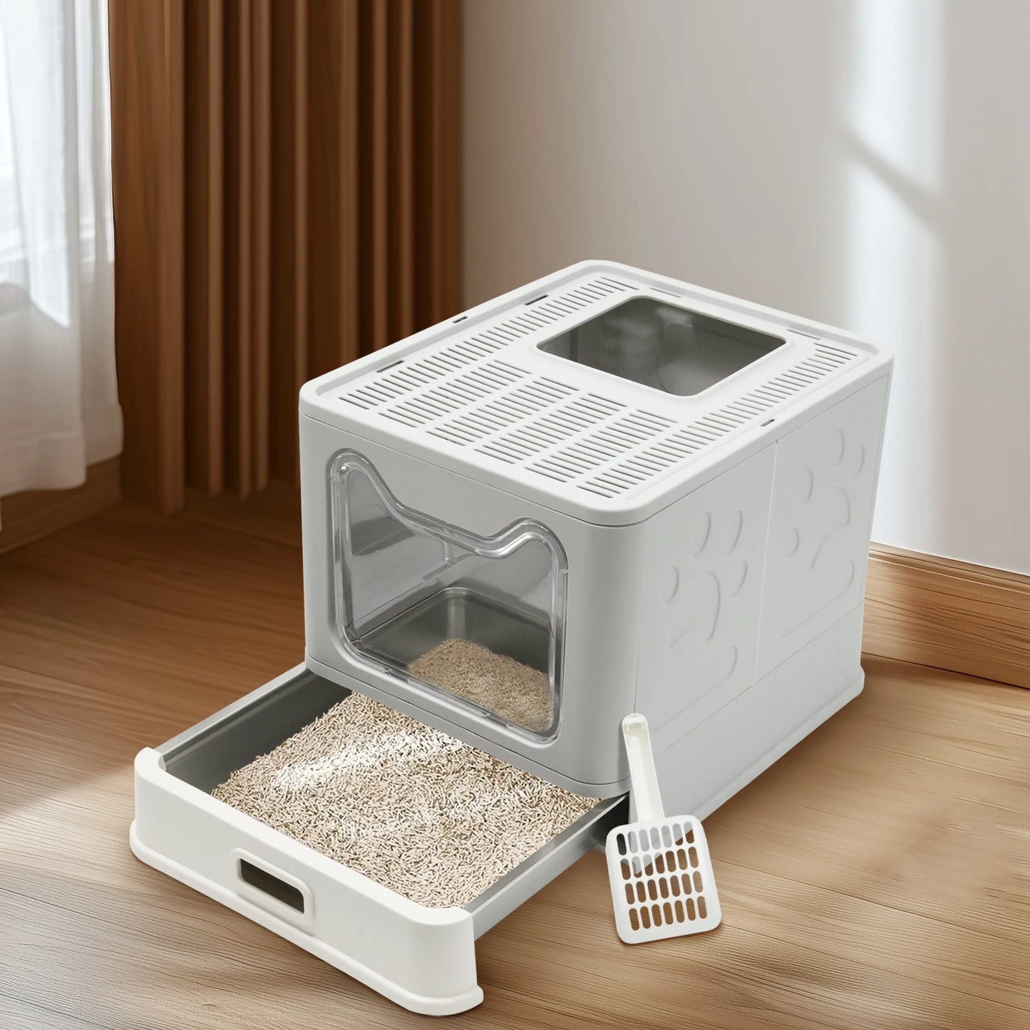 Stainless Steel Cat Litter Box with Lid Front Entry and Top Exit with Litter Scoop
