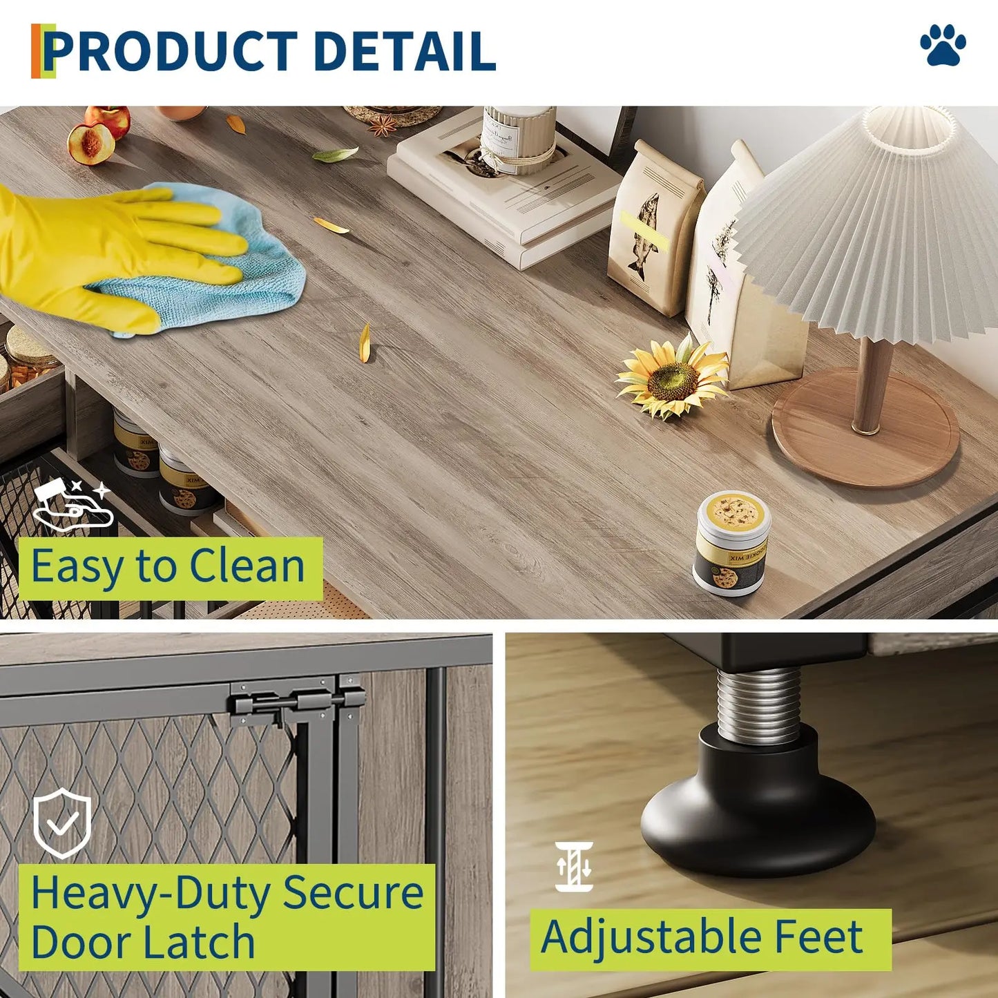 44" Heavy Duty Dog Kennel End Table with Storage Drawers & 2 Lockable Doors, Indoor