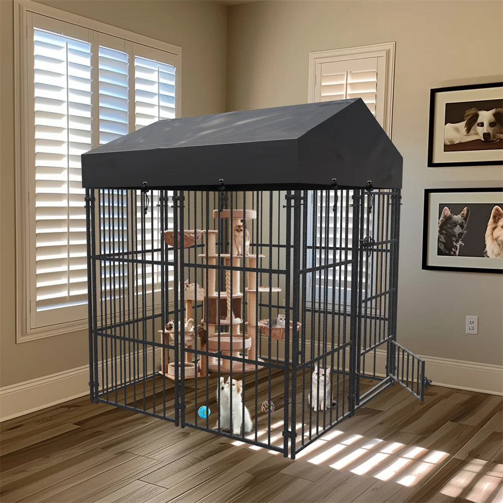 Heavy Duty Large Dog Kennel Welded Metal with Roof Cover Outdoor Indoor