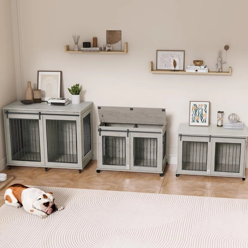 47" Wooden Dog Kennel with Sliding Barn Door, Flip-Top Lid & Wheels, Indoor