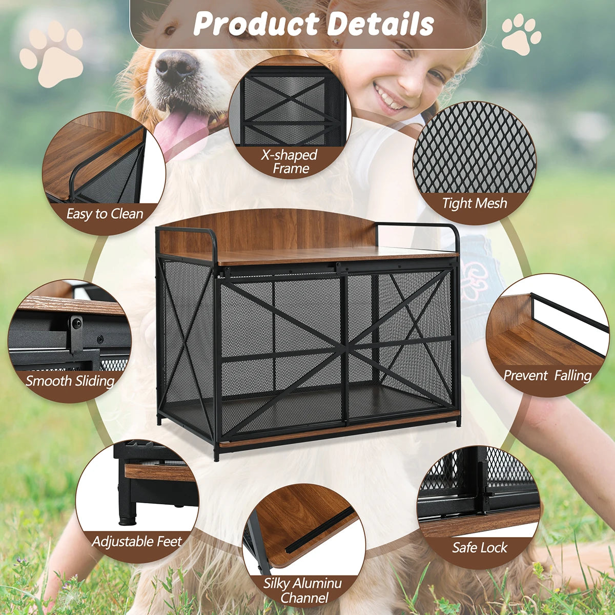 Crate Furniture Wooden  w/ Metal Sliding Door Indoor Chew-Resistant Pet Kennel Side End Table For Medium/Large Dogs