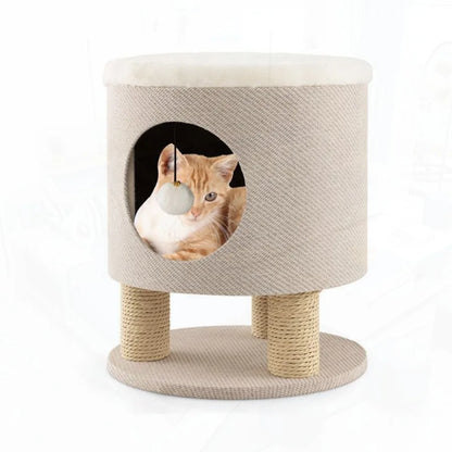 Cat Stool Bed with Scratching Posts and Plush Ball Toy