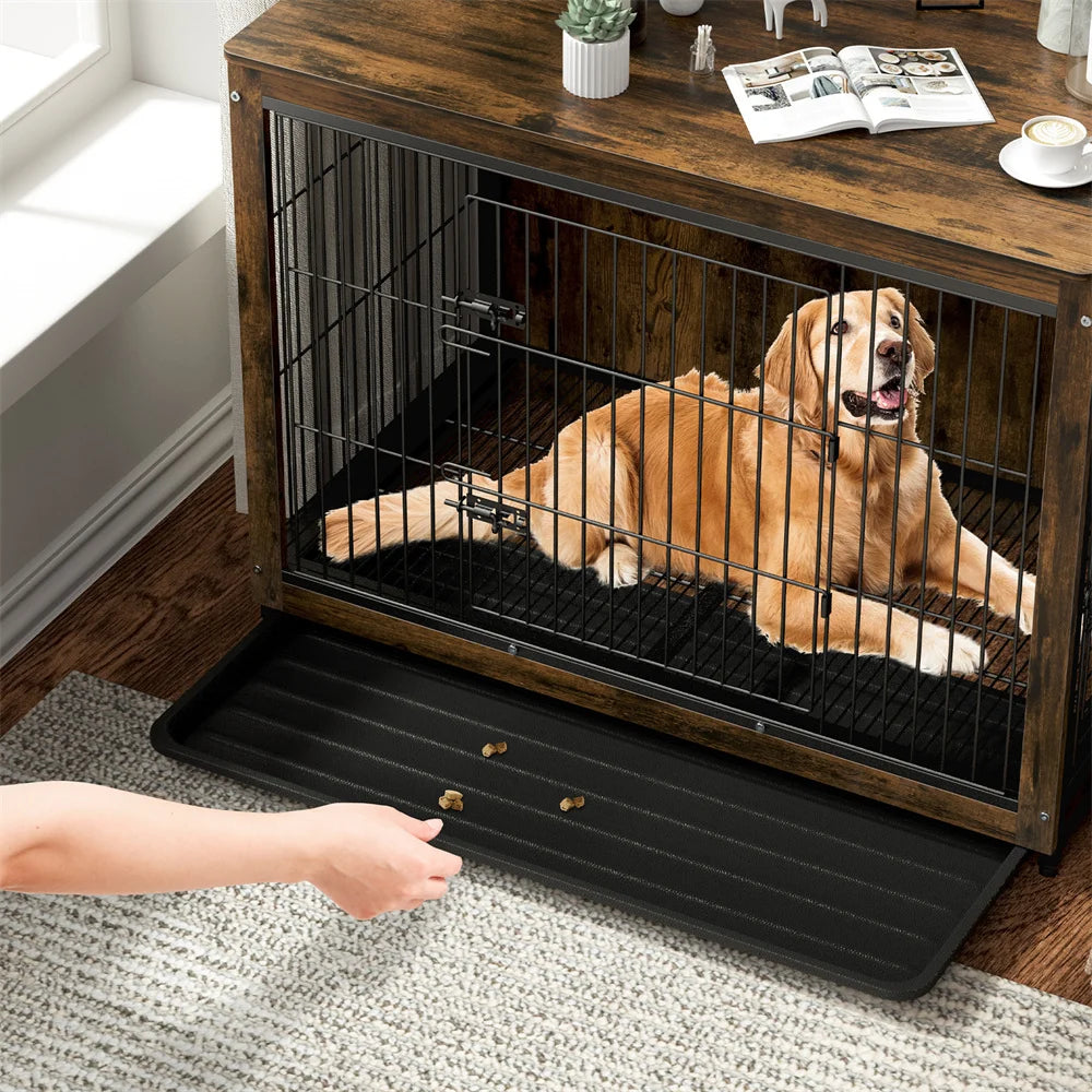 Large Elevated Dog Crate Wooden End Table with Double Door and Removable Tray Indoor