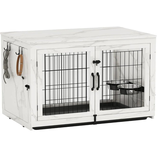 Wooden Dog Crate Furniture with Rotatable Bowls, Double Doors, XL Size