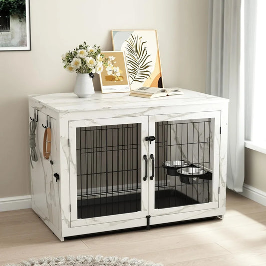 Wooden Dog Crate Furniture with Rotatable Bowls, Double Doors, XL Size