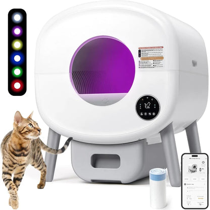 Extra Large Automatic Litter Box Self Cleaning  Odor-Free, App-Controlled, Ambient Light Waste Disposal