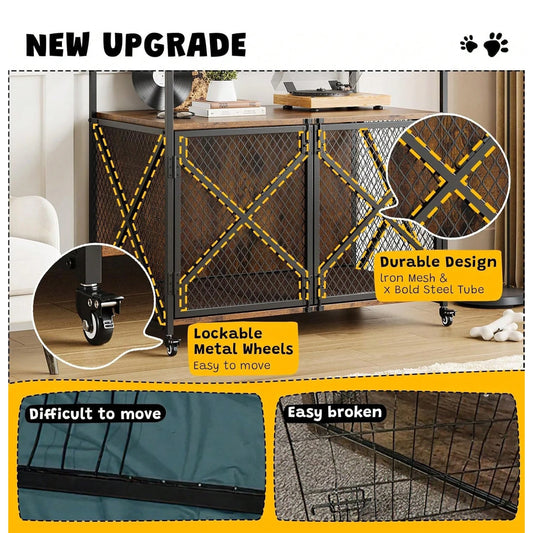 Indoor Furniture Style Elevated Pet Dog Cage Kennel End Table Lattice with Lockable Wheels