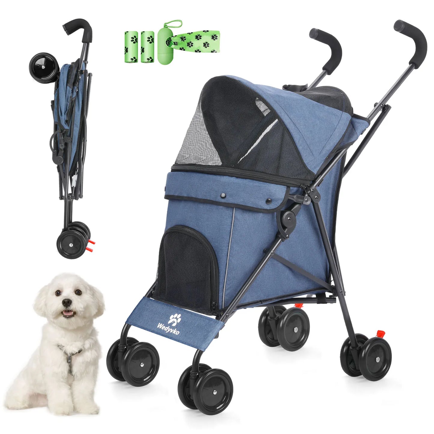 Pet Stroller 4 Wheels Rotate with Brakes Storage for Dogs Cats various colors