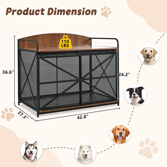 Crate Furniture Wooden  w/ Metal Sliding Door Indoor Chew-Resistant Pet Kennel Side End Table For Medium/Large Dogs