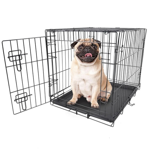 Single Door Folding Dog Crate with Divider Metal Frame Portable Leak Proof Tray