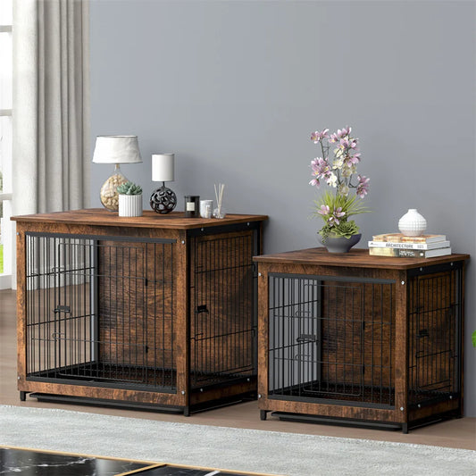 Large Elevated Dog Crate Wooden End Table with Double Door and Removable Tray Indoor