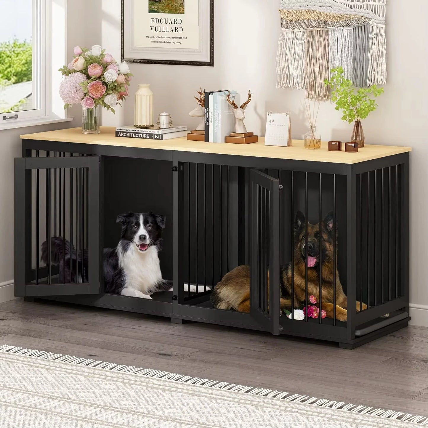 Wooden Kennel Furniture with Divider & 2 Trays Indoor