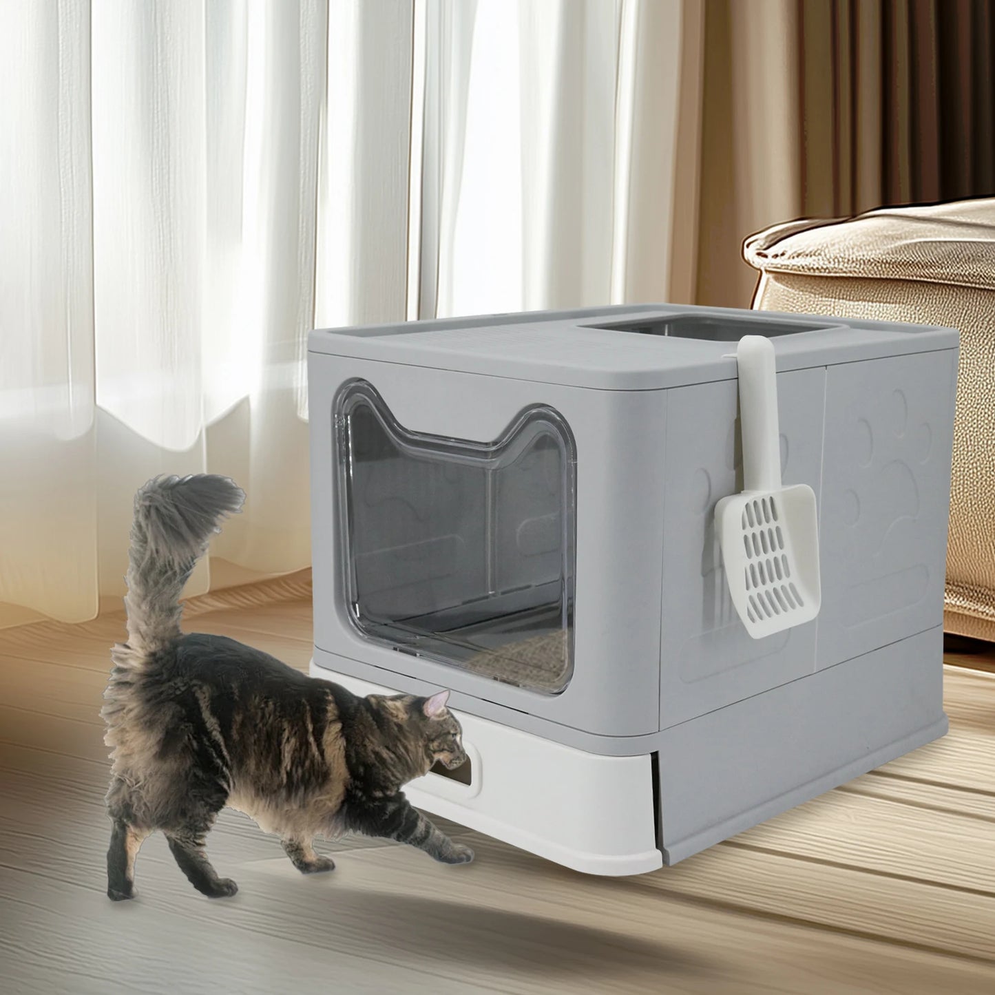 Stainless Steel Cat Litter Box with Lid Front Entry and Top Exit with Litter Scoop