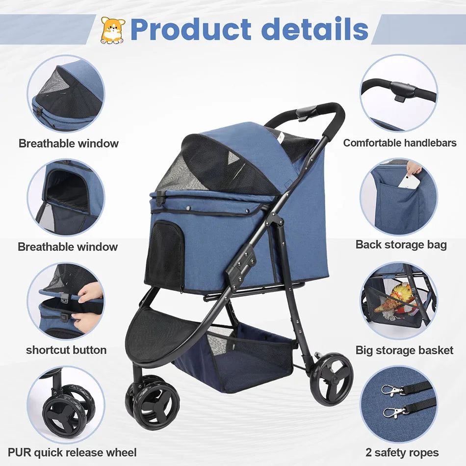Pet Stroller Bag Travel Car Foldable 300lbs  Dogs Cat ,3 Wheels
