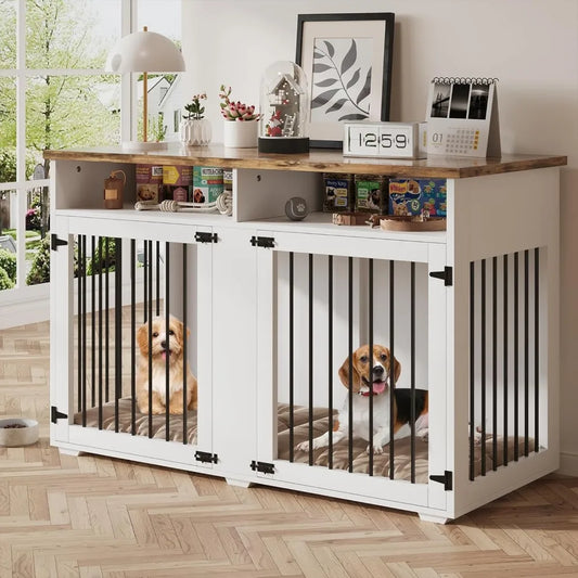 55'' Crate Furniture for 2 Dogs, Wooden  with Storage Compartment, Indoor