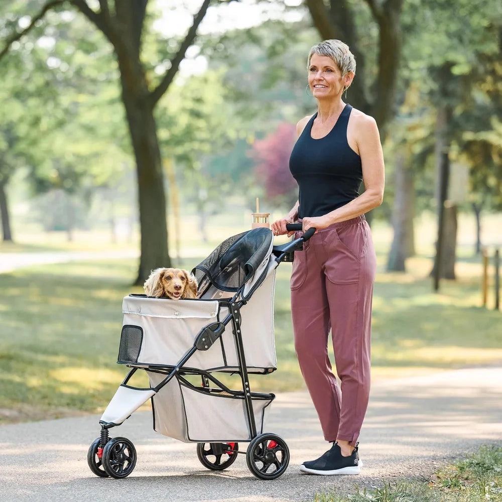 Portable Pet Stroller 360 Degree Swivel Wheels Mesh Canopy Reflective Trim Lightweight Foldable