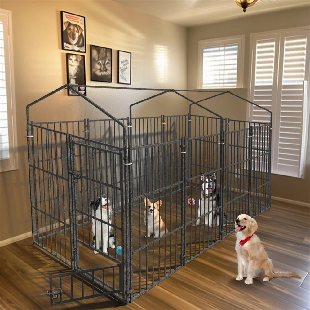 Heavy Duty Large Dog Kennel Welded Metal with Roof Cover Outdoor Indoor