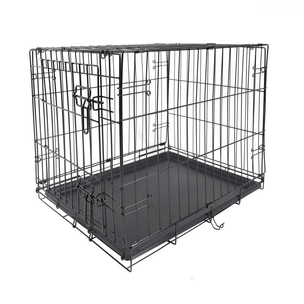 Single Door Folding Dog Crate with Divider Metal Frame Portable Leak Proof Tray