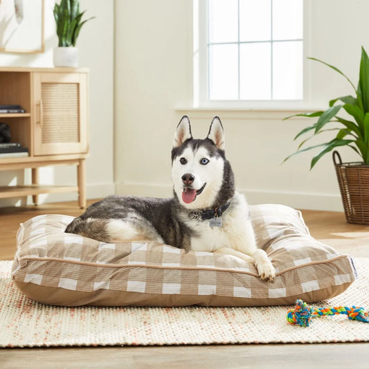 Large Dog Bed Supportive Mat Machine Washable Cover Soft Polyester Fiber Fill Ideal Breeds Up to 90lbs Tan Plaid Design